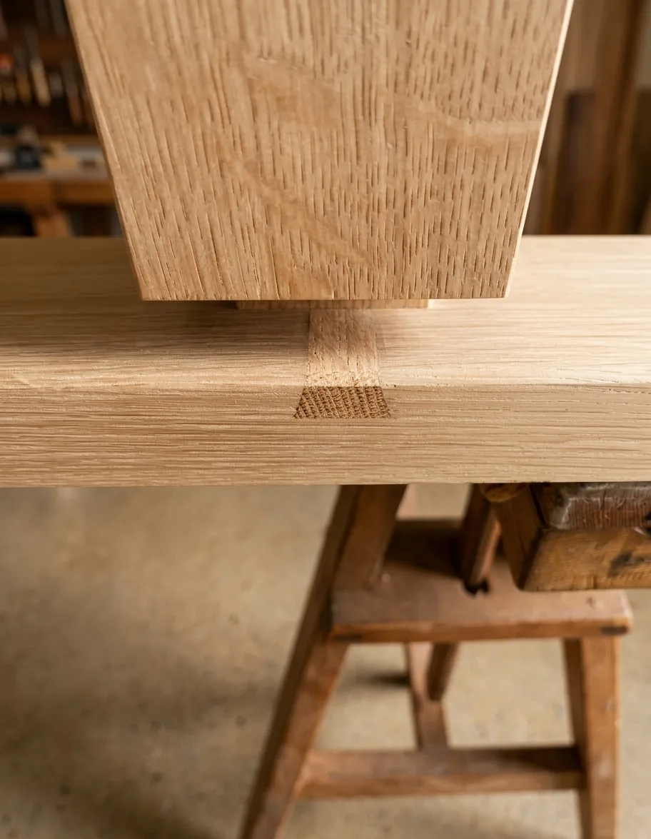 Detail of mortise-and-tenon joinery in solid European oak, precision joints visible.